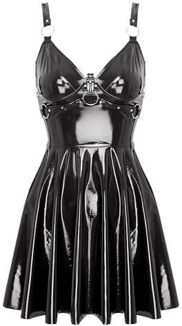 CHICTRY Damlack läderklänning wetlook miniklänning sexig kort ärmlös festklänning V-ringad corsage klänning googo dans rave kläder