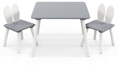 GOPLUS 3 delar Barnstolsgrupp, barnbord med 2 stolar, barnmöbelset med ryggstöd i kaninöron, sittset barn för barnrum (grå)
