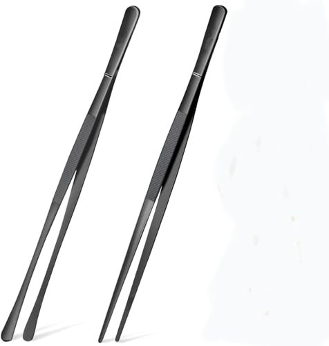 Cooking Tweezers Tongs Set,2 Pcs Kitchen Fine Tweezer Tongs 30cm Stainless Steel Professional Chef Tweezer Kitchen Tools for Cooking,Repairing,Sea Food BBQ and Serving Black