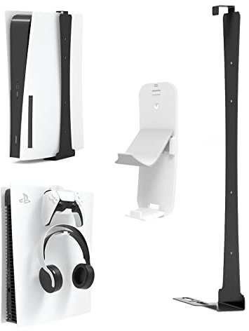 EJGAME Wall Mount Shelf Bundle Compatible with PS5(Disc/Digital) Edition, Sturdy Steel Wall Mount Bracket with Controller & Headphone Holder Hanger