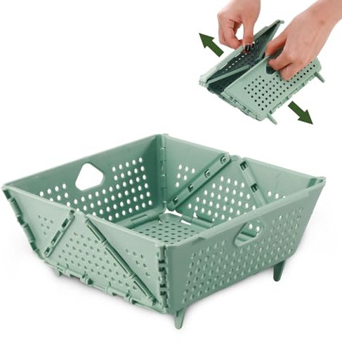 Plastic Collapsible Strainers and Colanders, Foldable Food Strainer for Kitchen, Space-Saving Folding Drain Basket Bowl for Pasta Fruit Vegetables Drainage Storage Dishwasher (Green)