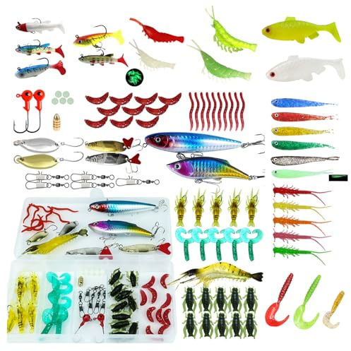 104 Stück Angelzubehör Angelköder-Set, Angelzubehör, Forellenköder, Forellenköder, Gummifische, Angel Köder, Angeln Geschenk, Männergeschenke, für Süßwasser-Salzwasser-Fischen