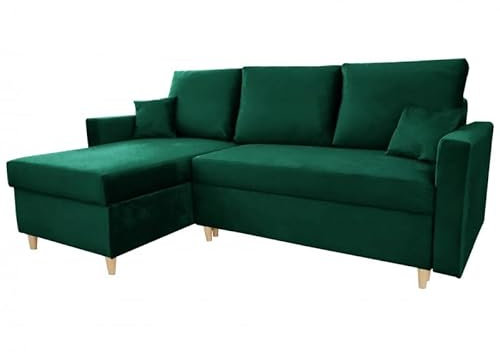 SeproMeble Ecksofa MON, Eckcouch in L-Form mit Schlaffunktion und Bettkasten, Farbe: Grün, Veloursstoff, Ottomane Links oder Rechts