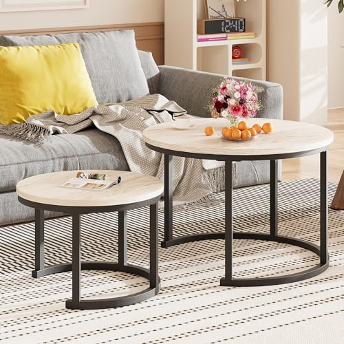 HOMERECOMMEND Couchtisch Rund 2er Set, Wohnzimmertisch Klein,weiß Eiche | Beistelltisch, Nachttisch, Sofatisch, Satztische for Wohnzimmer, Couchtisch Satztische fürs Wohnzimmer Holz Sofatisch Rund