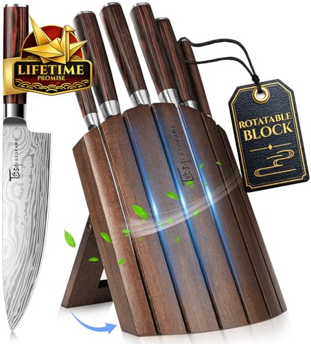 Knife Set 7 Piece Japanese Style Kitchen Knives Sets with Foldable Magnetic Acacia Wood Block Sharp High Carbon Stainless Steel for Kitchen with Anti-Slip Ergonomic Handle