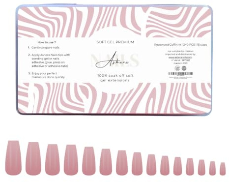 Ashera Nails Capsules Soft Gel Premium Coffin Ballerine Rosewood Medium | 240 Capsules, 15 Tailles - Pose Américaine Semi-Transparente - Faux Ongles Nude Rosé Longue Tenue