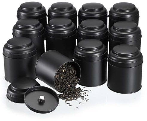 SUMTree Juego de 12 latas de té para té suelto, color negro, redondas, pequeñas, latas de metal con tapas dobles herméticas, organizadores apilables para especias, hierbas, azúcar, granos de café