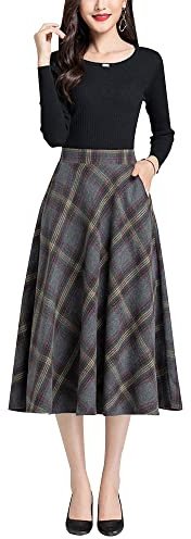 BiilyLi Jupe Longue Femme Hiver Élégant Laine Carreaux Haute Taille A-Ligne Automne Taille élastique Midi Jupe Plissée Gris -3XL(Taille élastique: 93 cm)
