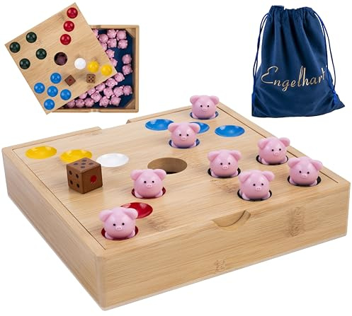 Engelhart Schweinchen Spiel Aus Holz Mit 60 Silikonfiguren 2 cm Bambus-Box | Schweinerei Spiel Für 2–6 Spieler Ab 6 Jahren, Mit 2 Holzwürfeln, Filzbeutel Und Bambusbox – Reise, Familie Und Unterwegs