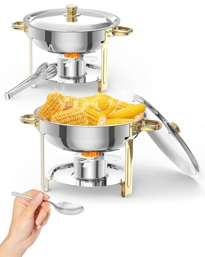 Buffet-Servierer Rund Speisenwärmer 2pcs Set, 5 l Runde Schalen Mit Deckelhalter, Edelstahl-Warmhalteplatten Und Speisenwärmer Inklusive Löffel Und Zange Für Partys, Hochzeiten, Events, Bankette, Gold