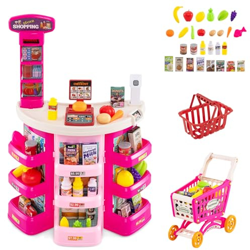 DREAMADE Kuafladen Kinder, Spiel-Supermarkt mit Einkaufswagen, Korb & 29 Zubehör, Scanner mit Ton & Licht, Spielkasse zum Rollenspiel für Kinder ab 3 Jahren (Rosa)