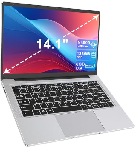 PINSTONE Ordenador portátil de 14,1 Pulgadas, Dual-Core, 6 GB RAM, 128 GB SSD, UHD 1366 x 768, diseño sin Ventilador, Wi-Fi 5G, Teclado de Membrana, ratón Incluido