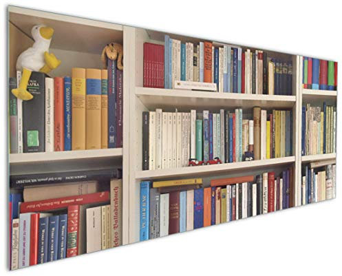 Wallario Küchenrückwand aus Glas 125 x 50 cm, Motiv: Weißes Bücherregal mit unterschiedlichen Büchern | Spritzschutz abwischbar & pflegeleicht