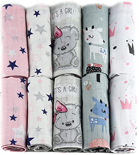 FENSILO - Mulltücher - Mullwindeln - 10er Pack 70x80 cm - Stoffwindeln, MADE IN EU, schadstoffgeprüft - Spucktücher Set für Mädchen – Baby Mullwindeln- Rosa - OEKO-TEX zertifiziert