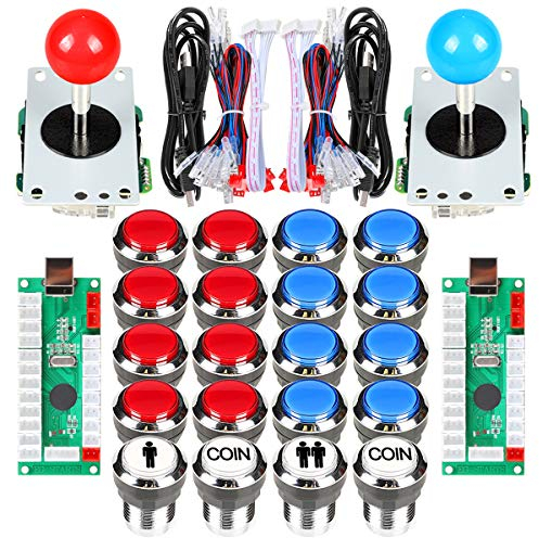 Fosiya 2 Player Arcade Joystick LED Chrome Push Buttons for PC MAME Raspberry Pi Video Games Arcade Cabinet Parts (Red - Blue Kit)
