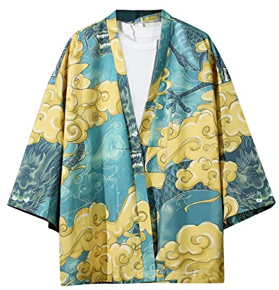 Kimono japonais Harajuku à manches 3/4 pour homme - Chemise hawaïenne d'été - Bleu, bleu, S/3XL