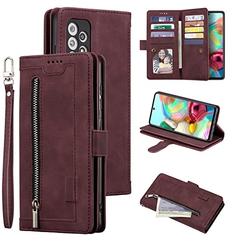 EYZUTAK Handyhülle für Samsung Galaxy A53 5G, Flip Lederhülle, Tiefrot | Klappbar PU Leder Case, 9 Kartenfächern, Standfunktion, Reißverschluss, Magnetverschluss Brieftasche, Retro Matt Ledertasche