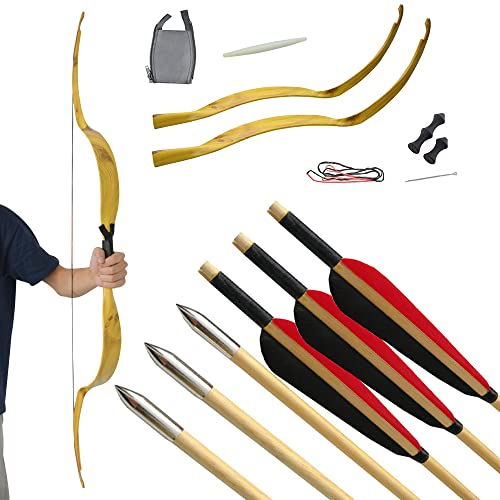 HNZMDY Traditionelles Handgefertigtes Takedown Recurve Bogen Set 20 lbs Langbogen mit 3 Holzpfeilen und Fingerschutz Reiterbogen für Anfänger Teenager Jugendbogen Outdoor Training (Gelb)