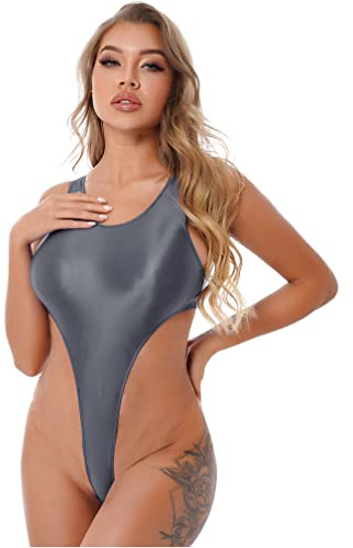 Msemis Dam baddräkt push up bodysuit High Cut Stringtrosa monokini sexig onepiece badmode kvinnor glänsande body ärmlös undergång Leotard, GRÅ, M