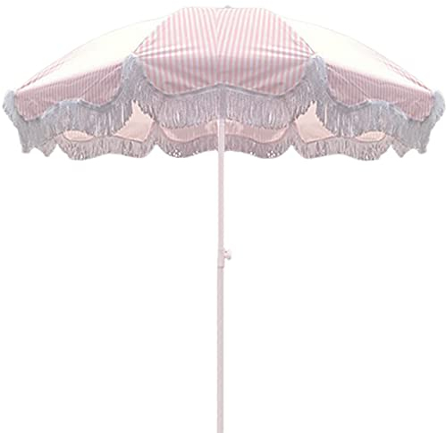 HZSCL 2m Pink White Striped Garden Parasol With Tassel Tiltable Beach Umbrella Outdoor Patio Parasol Sunshade And Sun Protection White Umbrella Pole Without Base