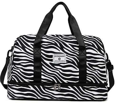 Vllcsla Sporttasche Damen Reisetasche 42.43L, Trainingstasche Damen für Kurze Reisen mit Schuhfach Nassfach, Wochenendtasche Groß Weekender Zebra-Aufdruck Leopard, Wasserdicht, Schwarz, E