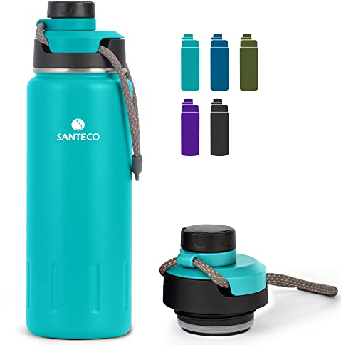 Santeco Insulated Water Bottles 710ml Stainless Steel Flask with Strap & Wide Mouth Spout Lid Leak Proof Double Walled Vacuum Keep Drinks 24h Hot & 12h Cold for Hiking Camping