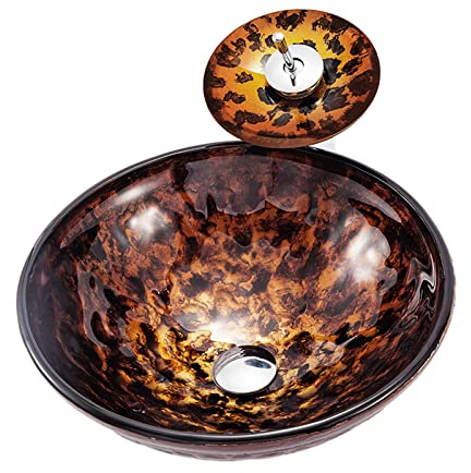 Bathroom Vessel Sink, Hand Painted Flame Vessel Sink Artistic Tempered Glass Wash Basin Round Countertop Vanity Vessel Sink Bowl with Chrome Pop Up Drain and Accessories,Sink+Fauce