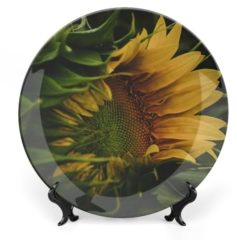 Sunflower Summer Flower Decorative Plate for Wall Ceramic Home Wobble-Plate with Display Stand Table Decor Ornament Thanksgiving Christmas Decoration Porcelain Dinner Plate Dessert Dish 10