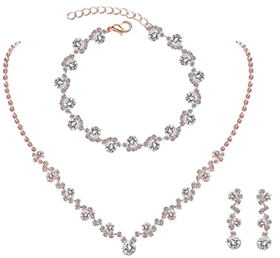FDEETY Schmuckset für Damen Strass Brautschmuck Halskette Ohrrings Armband Set mit Kristallen Hochzeit Verlobung Brautjungfer Kleider Abschlussball Schmuck (Roségold)
