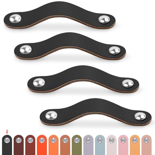 LEREATI Ledergriffe für Möbel 4 Stück Schrankgriffe mit Schrauben Möbelgriffe Vintage Schubladengriff Knöpfe Möbelgriff Kunstleder für Küchenschränke Schränke Bad (Schwarz, für 128mm Loch Mitte)