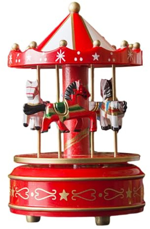 Ronyme Caja Musical de Madera, decoración Artesanal navideña, Pieza Decorativa giratoria de Navidad, en Forma de Caballo para decoración del hogar, Rojo