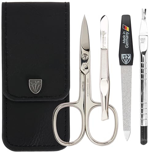 DREI SCHWERTER - 4-tlg. Nagelpflegeset 'Modena' | Maniküre und Pediküre Set in Echtleder Etui MADE IN GERMANY. Farbe: Schwarz | Inhalt: Nagelschere, Pinzette, Saphirnagelfeile und Nagelhautentferner