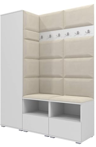 RAVIO Flurgarderobe 150 cm Ink. Schuhschrank mit Sitzbank, Garderobe Set mit Garderobenpaneel, Wandpolster & Push to Open Türen - Weiß/Wandpaneel Creme