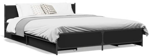 Homgoday Bettgestell mit Schubladen Stauraumbett Schubladenbett Bettrahmen Doppelbett mit Lattenrost Gästebett Jugendbett Schlafzimmermöbel mit Schubladen Schwarz 135x190 cm Holzwerkstoff