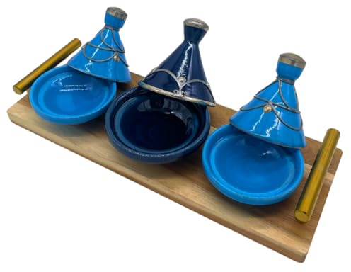 Pack of 3 Mini Tagines with Tray - Moroccan Craftsmanship for Spices and Sauces (Model 06)