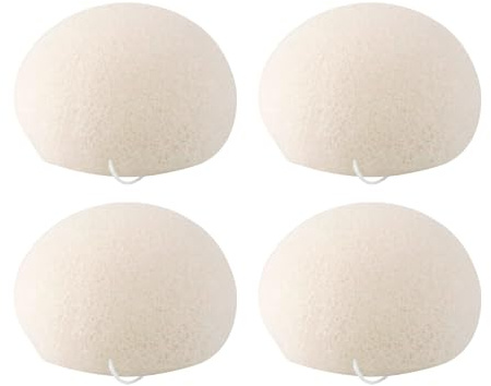 4 - Pack Konjac Exfoliating Organic Facial Sponge Set | Gentle Daily Face Scrub/Skincare | Super Soft Body Cleansing Sponge for Shower, Safe for Baby Bathing (Half Ball), White