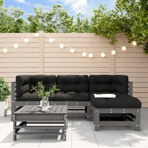 WEMYUFURN 5-TLG. Garten-Lounge-Set mit Kissen Grau Massivholz, Outdoor-Sitzgruppe, Terrassen-Lounge-Set, Garten-Couchgarnitur - Wetterbeständig, Komfortabel - für Terrasse, Garten und Balkon