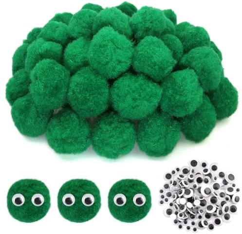 TOAOB 50 Pezzi 4cm Pompom Verde Pompon Ponpon | con 100 Occhi Adesivi Bianchi e Neri, per Portachiavi Fai Da Te Crafts Decorazioni Cucito
