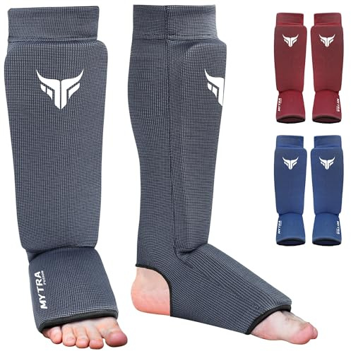 Mytra Fusion Kickboxing Shin Guards Lightweight Shin Instep Guard Stretchable Polyester Fabric Padded Training Muay Thai, MMA, Martial Arts Shin Guards for Men & Women (S/M, Grey)