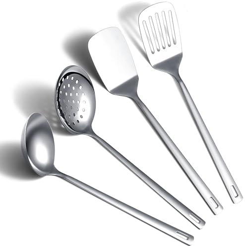 Juego de utensilios de cocina de acero inoxidable de 4 piezas que incluye juego de espátula de metal, espumadera de cocina, cucharón de sopa, elementos esenciales de cocina