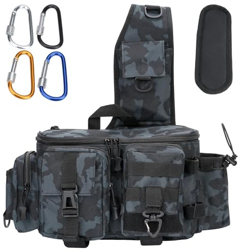 Drado Sac à bandoulière de pêche, Sac à Dos Tactique, Sac à Dos de pêche imperméable et résistant à l'usure pour leurres et appâts, Camouflage Vert