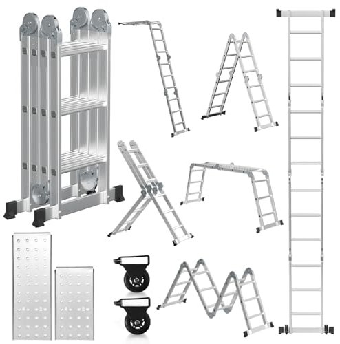 Lospitch Échelle Multifonction 4 x 3-360 cm - 7 en 1 - avec 2 Plateformes - en Aluminium - avec 2 roulettes de Transport jusqu'à 150 kg - Échelle de Travail à 12 marches - Argenté