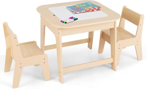 FANTASK Kindertisch mit 2 Stühlen, 3 TLG Kindersitzgruppe Holz mit Doppelseitiger Tischplatte, Natur