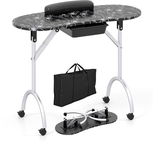 COSTWAY Tavolo Manicure Pieghevole e Portatile con Ruote | Tavolo Unghie Estetista con Cassetto, Cuscino Poggiapolsi e Borsa