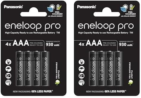 eneloop Pro, Piles Rechargeables AAA/Micro, Lot de 8, capacité de Min. 930 mAh, Piles Ni-MH, prêt à l'emploi, Rechargeables jusqu'à 500 Fois, Emballage sans Plastique, Pro, Noires