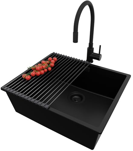 PRIMAGRAN Fregadero Granito Todo Negro 56x47cm, Cocina 1 Seno + Grifo 40x38cm + Sifón + Enrollable Escurridor, Sobre Encimera al Mueble 60cm - London Slim S352