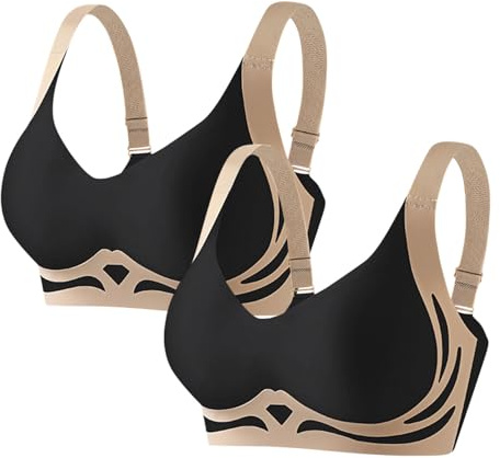 2er Pack Sport BH-Set Damen Ohne Bügel Sexy Haltungskorrektur Bra Soft Push Up BHS Sportunterwäsche Verstellbarer Schultergurt Bras Brüste Starker Halt Klassische Unterwäsche Schwarz 3XL