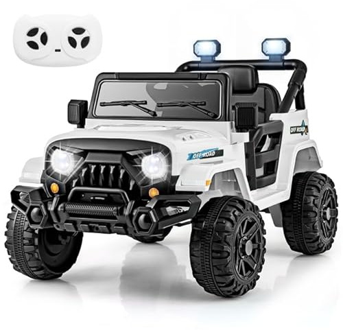 COSTWAY Coche Eléctrico para Niños 12V, Vehículo Todoterreno de Batería con Control Remoto, 3 Velocidades, Luces LED, Música, Bocina y Conexión Inalámbrica, para Niños de 3+ Años (Blanco)