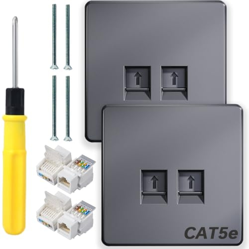 Acmerota CAT5 Network Socket Ethernet Socket 2 Port RJ45 Ethernet Faceplate LAN Cable Faceplate Grey RJ45 Socket for Ethernet Cable Networking Socket Box, Tool-Free Network Connector Module