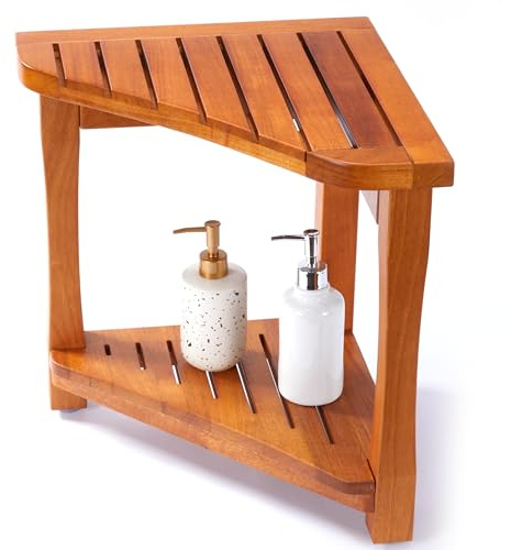 Banco de ducha de teca para ducha interior, taburete de ducha de madera maciza de teca 100% grado A, asiento de baño de madera impermeable con estante de almacenamiento, silla de spa antideslizante